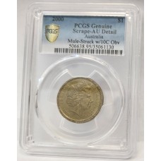 AUSTRALIA 2000 . ONE 1 DOLLAR COIN . ERROR . MULE . STRUCK ON TEN CENT